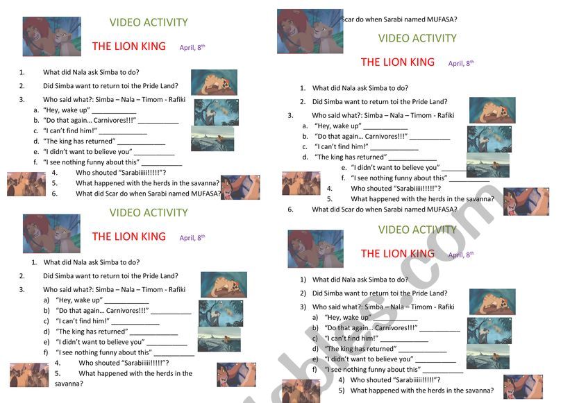 Lion KING worksheet