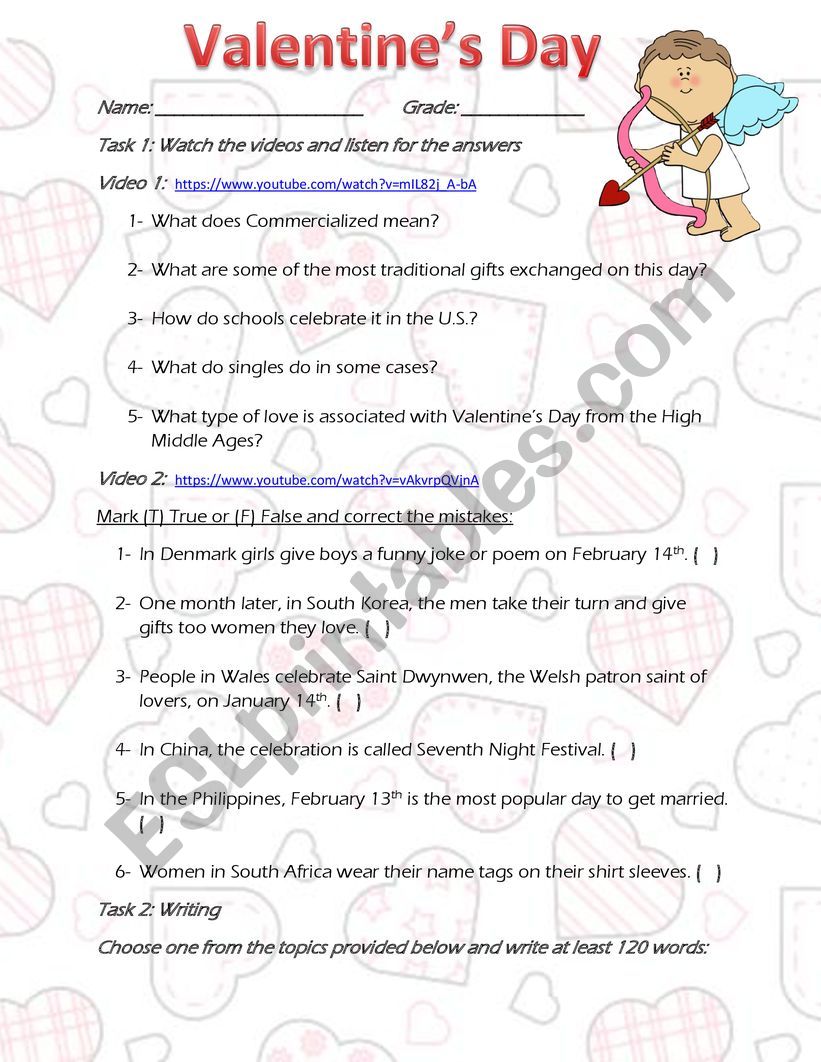 Valentines Day celebrations around the world - Listening/Writing