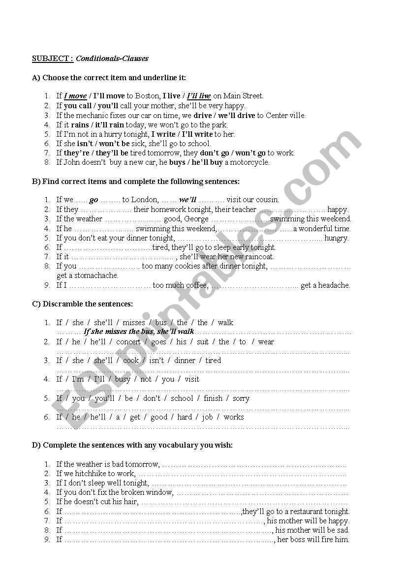 conditionel clauses worksheet