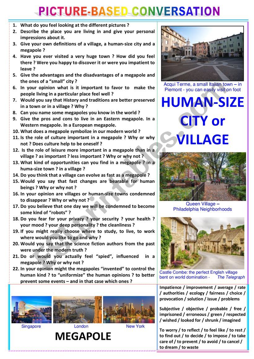 Picture-based conversation - topic 116 : village & human-size town vs megapole.