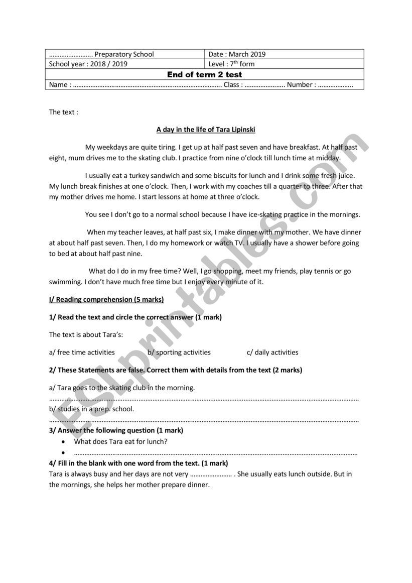 End of term 2 test  worksheet