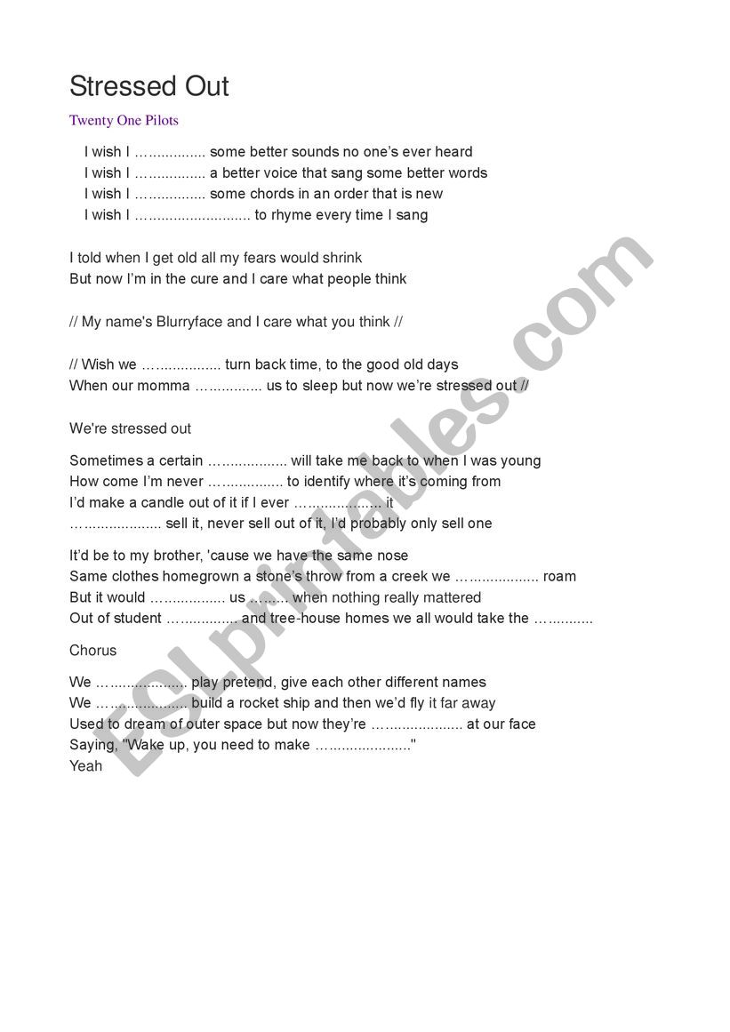 stressed out - 21 pilots worksheet
