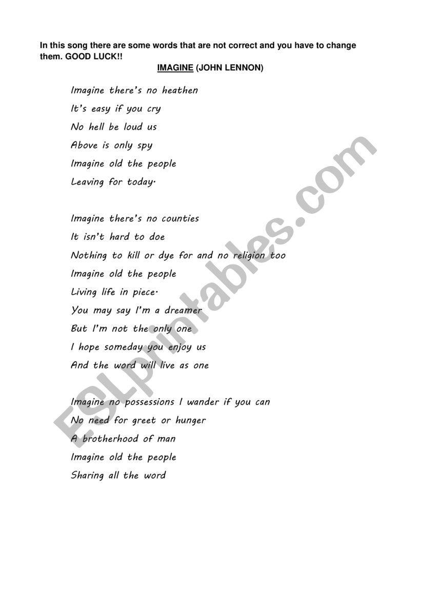 Imagine - song by John Lennon worksheet