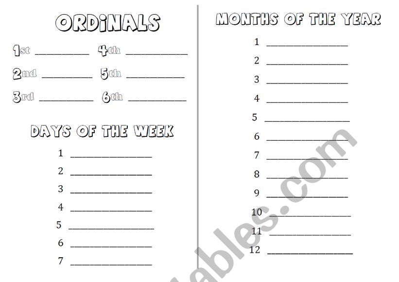 ORDINALS, DAYS AND MONTHS worksheet