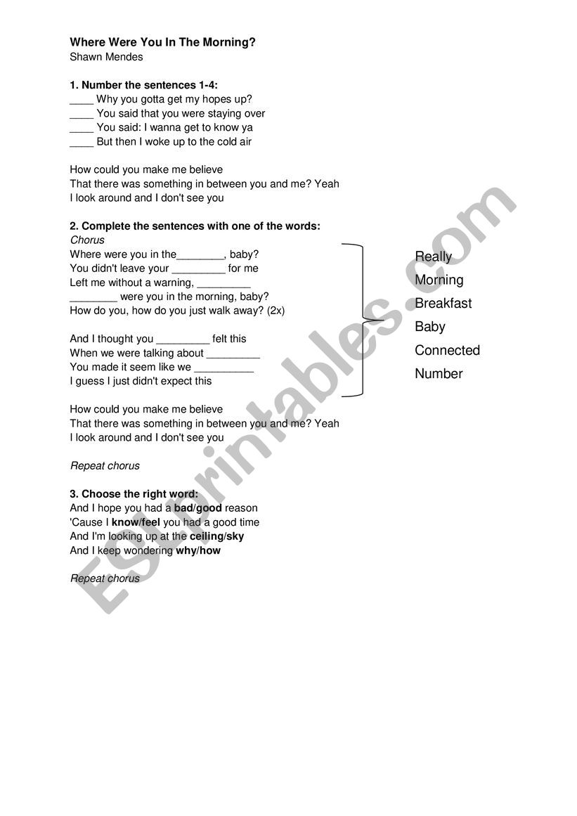 Where were you in the morning - Shawn Mendes worksheet