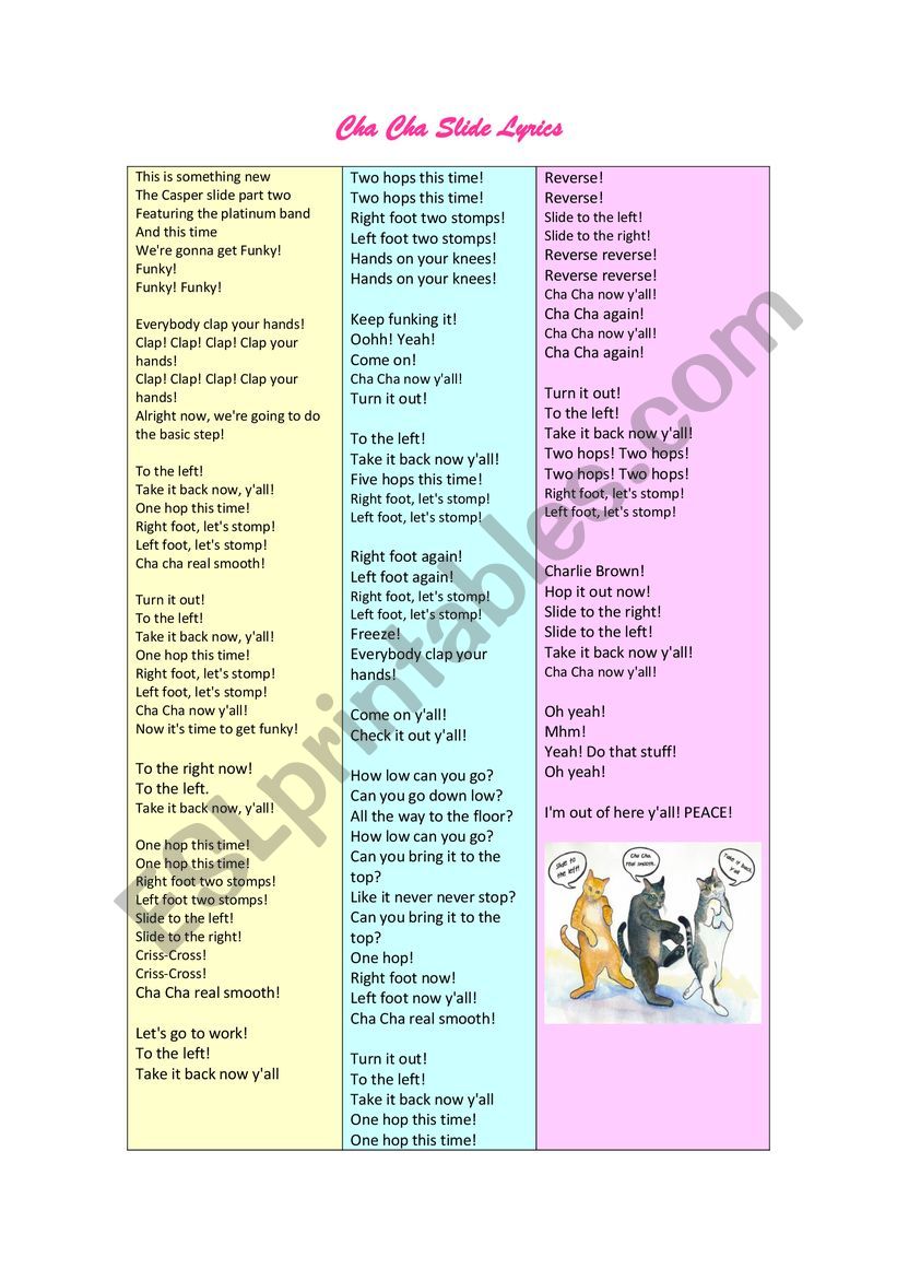 Cha Cha Slide Song Lyrics Esl Worksheet By Annmasarwa