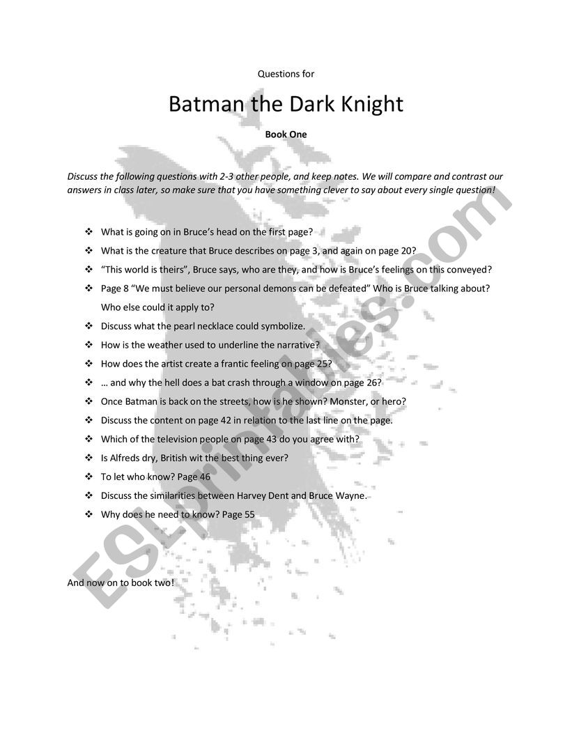Reading and analysis questions for Batman the Dark Knight - ESL worksheet  by drbunji
