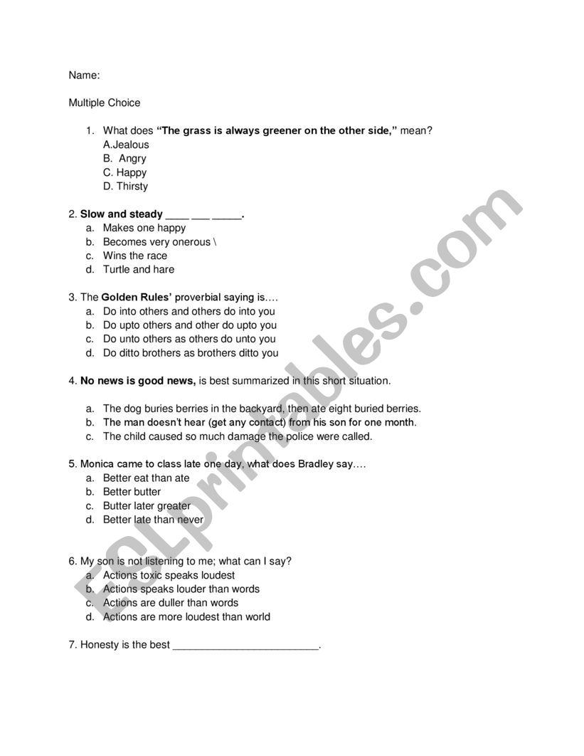7 Common Proverbs  worksheet