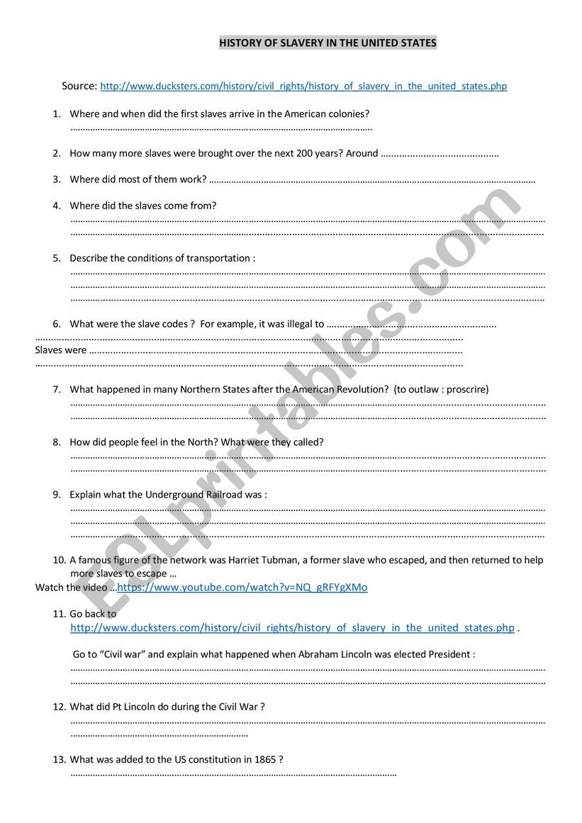 Slavery in the US worksheet