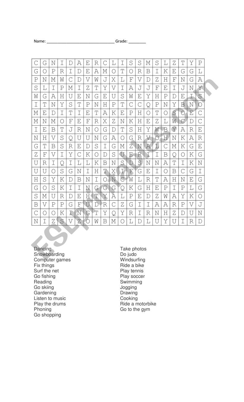 Free Time Activities Word Search