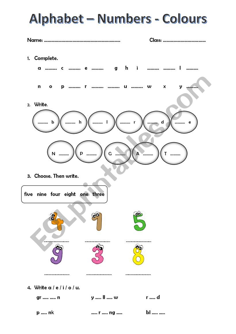 alphabet numbers colours test worksheet