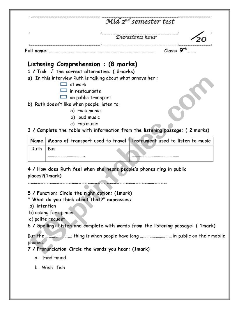 mid 2nd semester test  worksheet