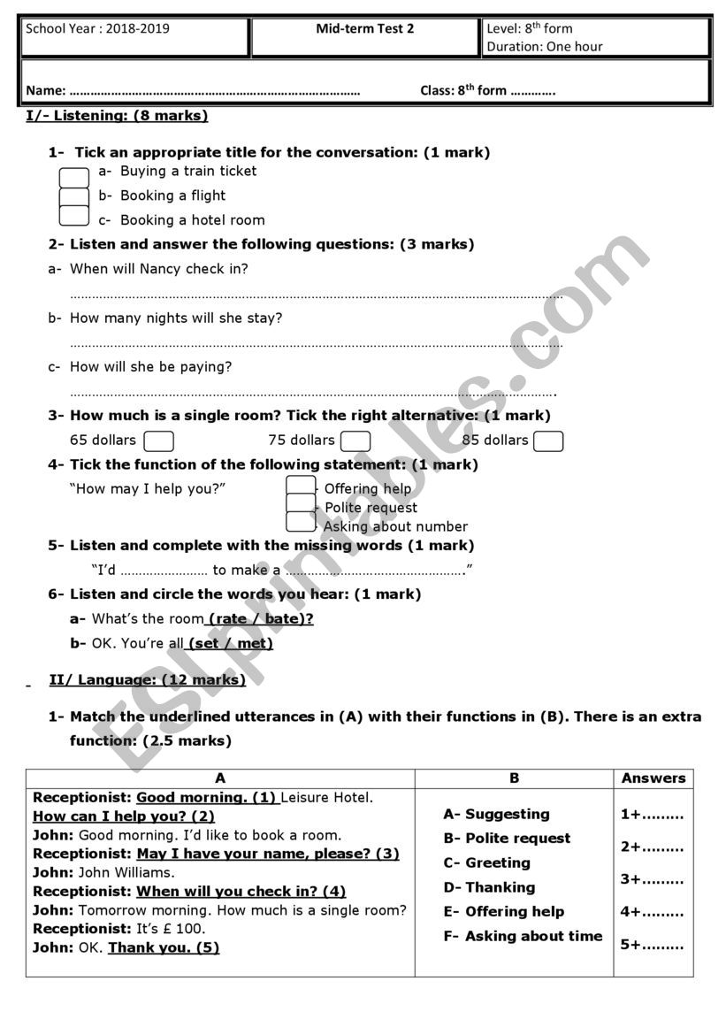 Mid-term Test 3 8th grade worksheet