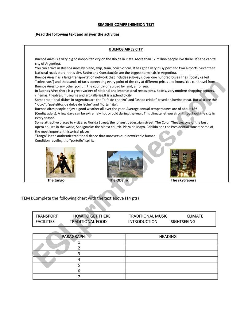 Reading comprehension test worksheet