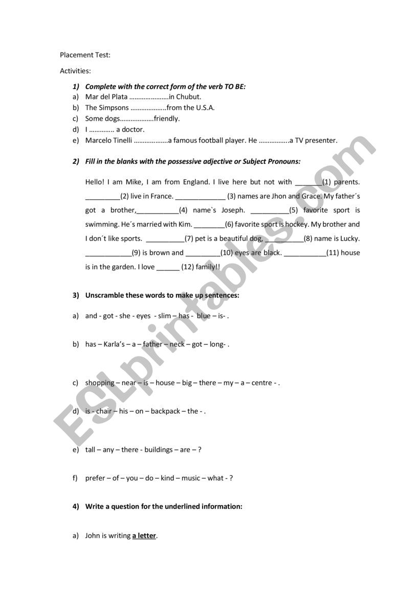 Placement Test worksheet