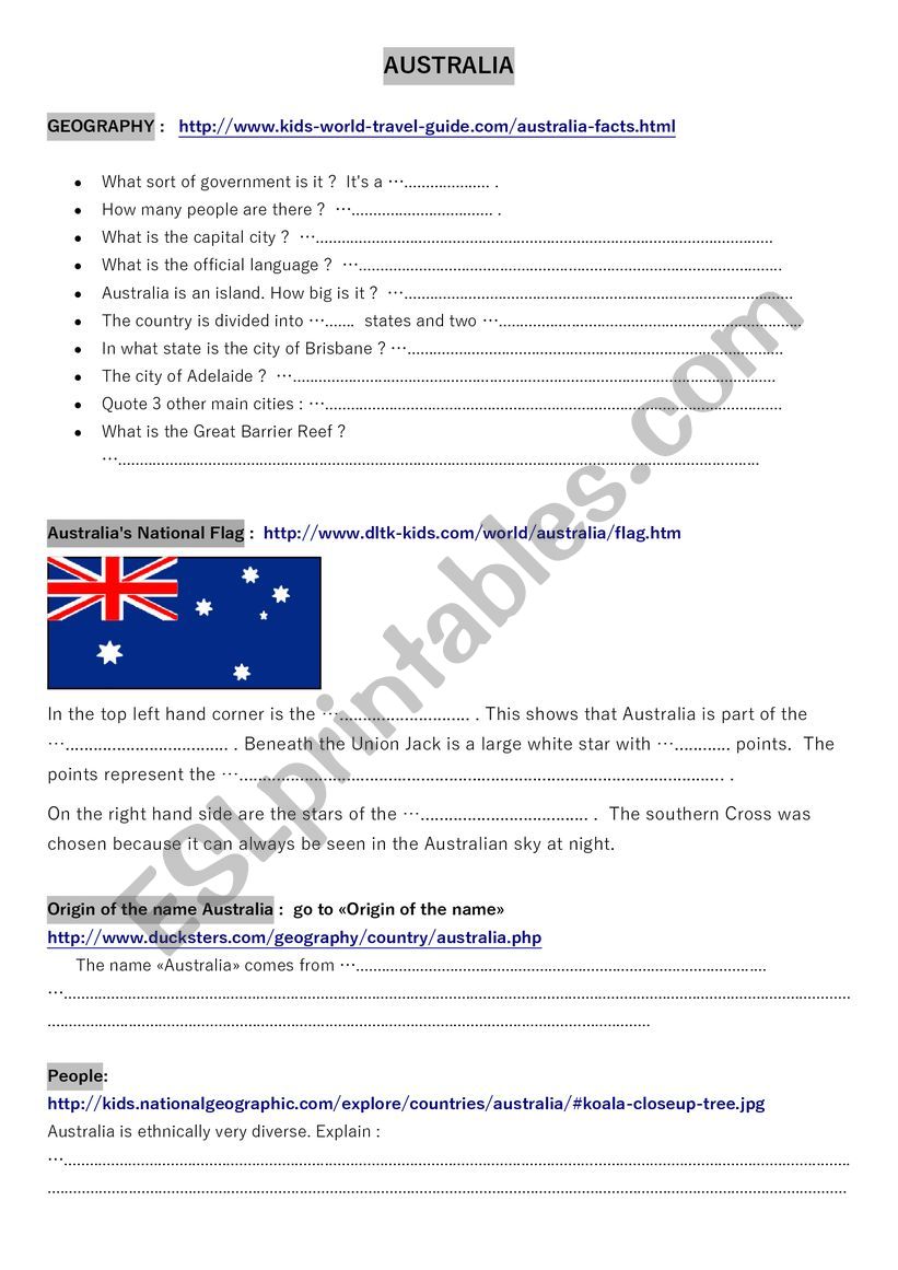 Webquest Australia worksheet