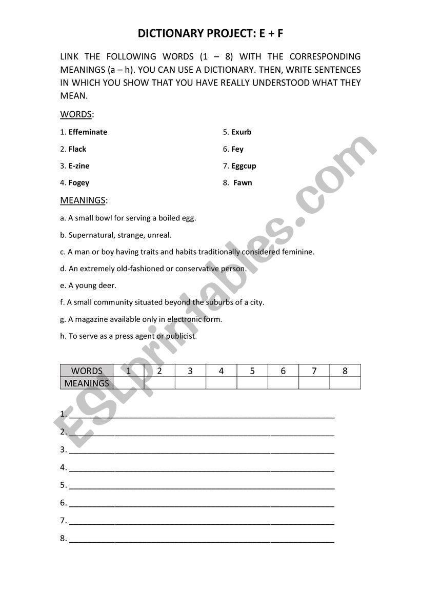 Words beginning with E and F worksheet