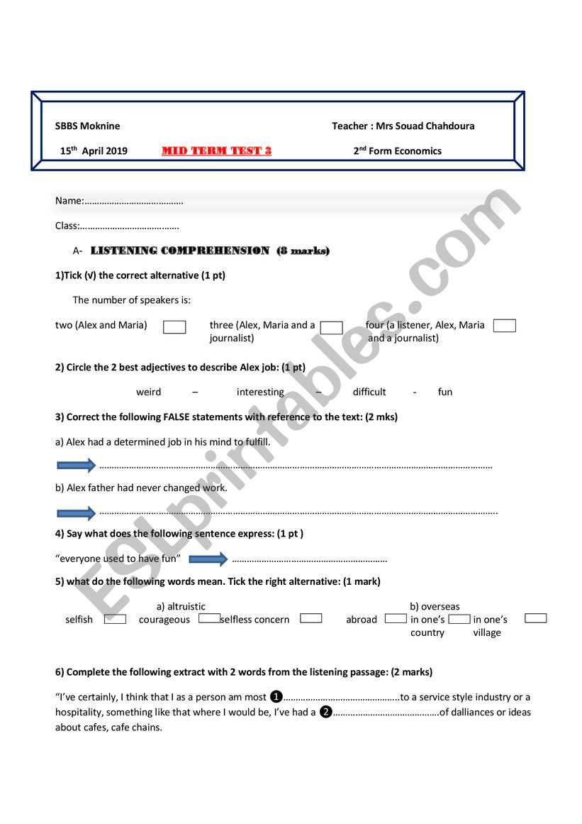 MID TERM TEST 3 SECOND FORM TUNISIAN PROGRAM