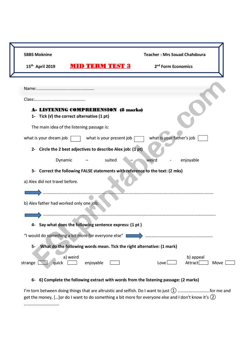 MID TERM TEST 3 SECOND FORM TUNISIAN PROGRAM