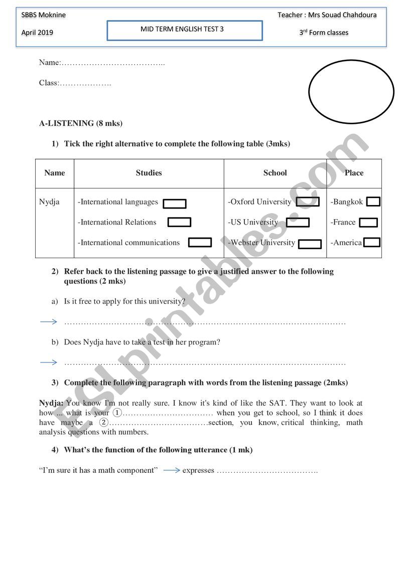 MID TERM 3 THIRD FORM TUNISIAN PROGRAM