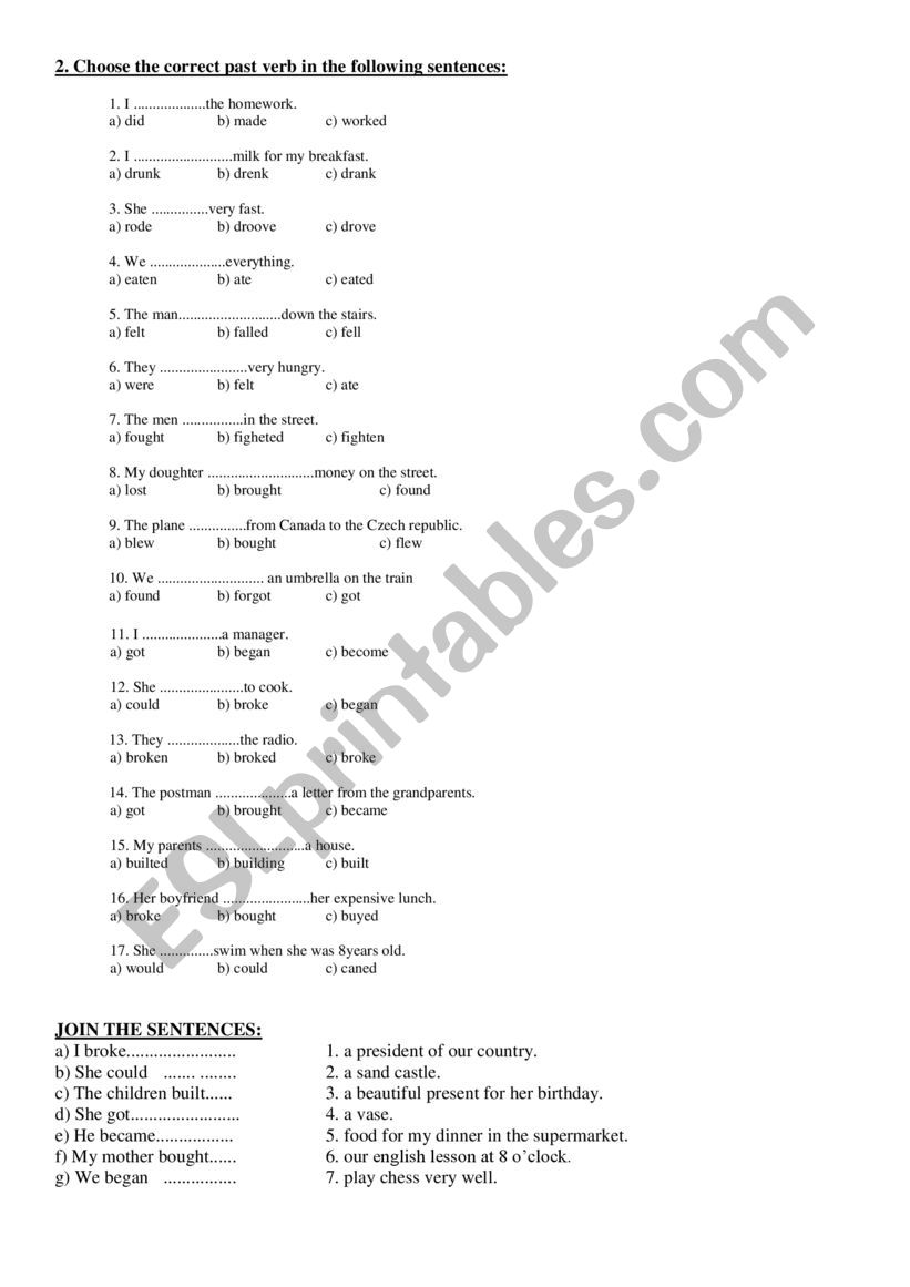 Irregular verbs - Multiple choice sentences