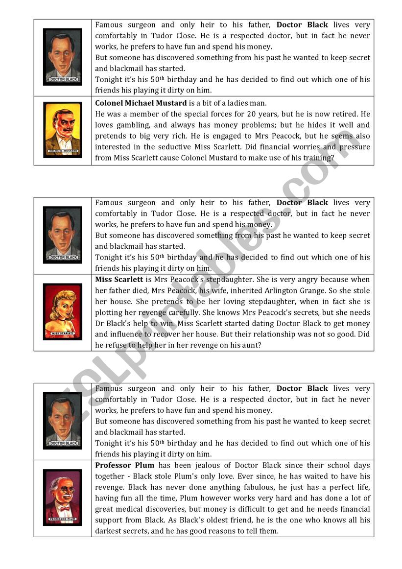 Cluedo game re-usable worksheet