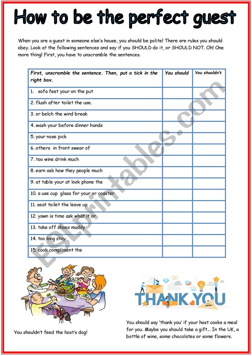 How to be the perfect guest worksheet