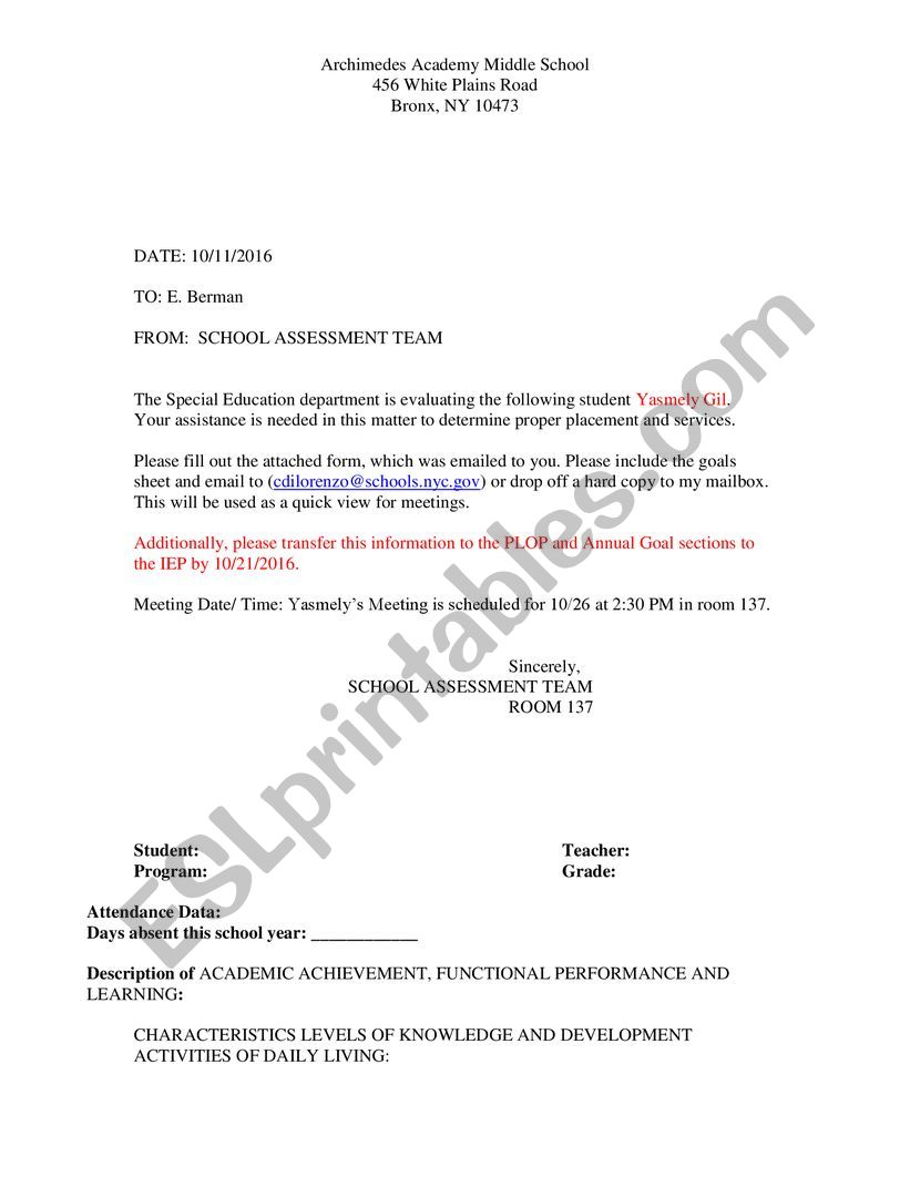 Student Report worksheet