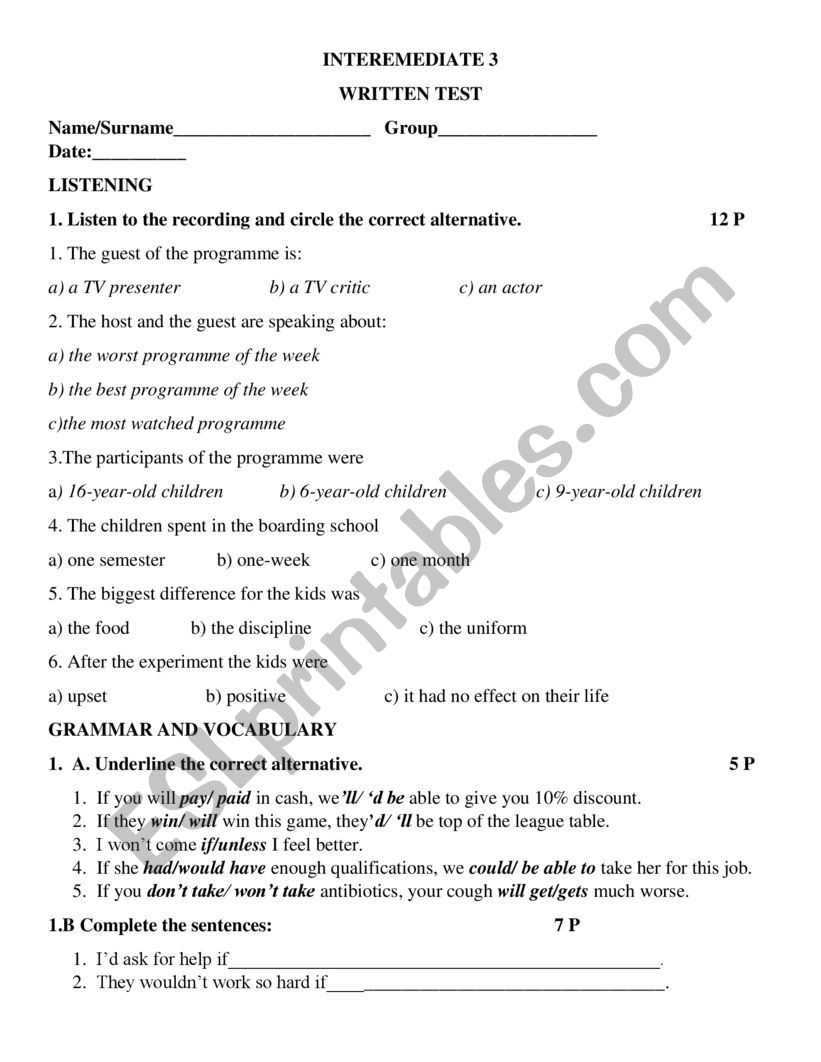 Quiz/Test worksheet