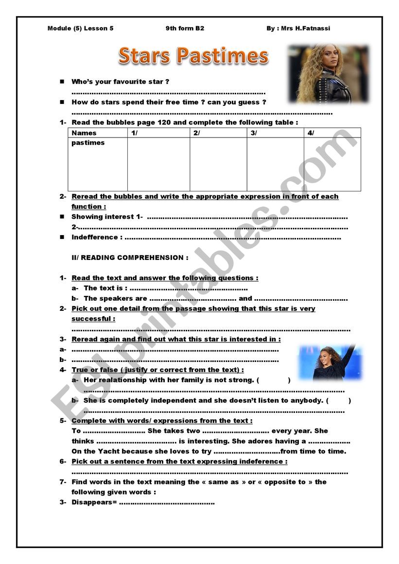 Stars Pastimes worksheet