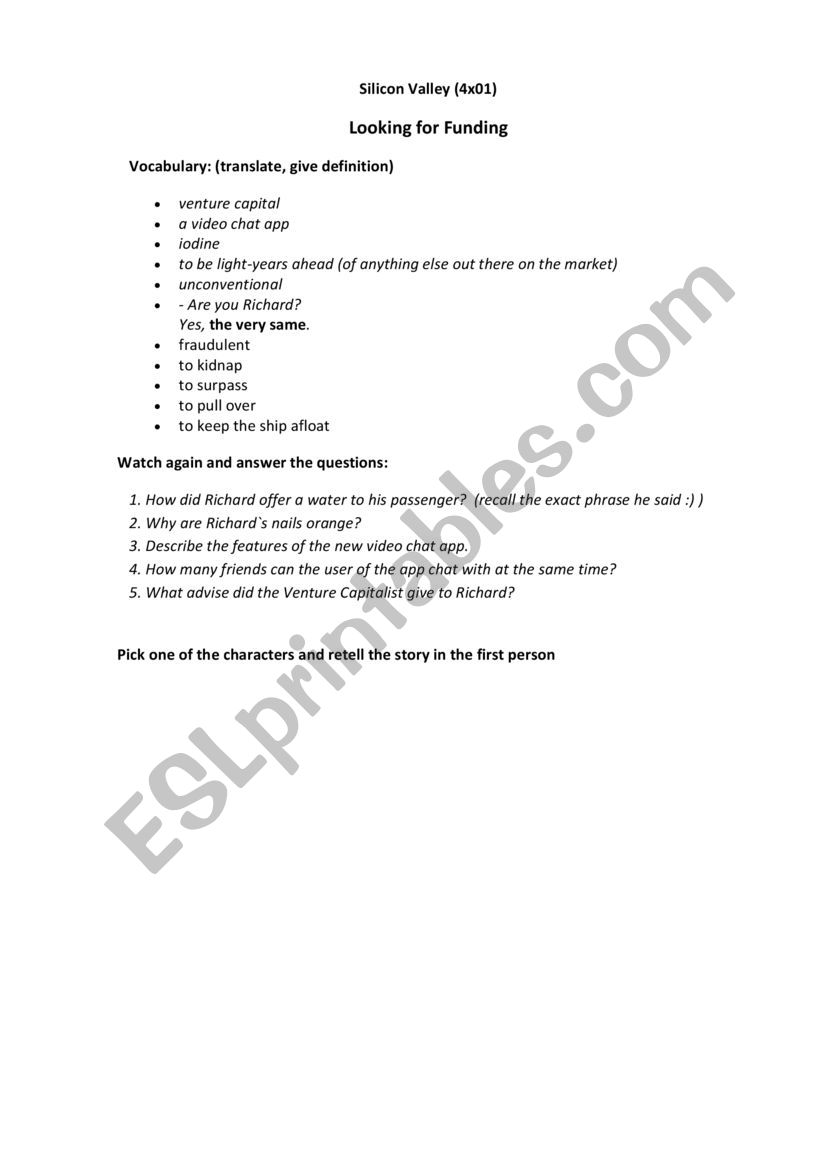 Silicon Valley Video (4x01) worksheet