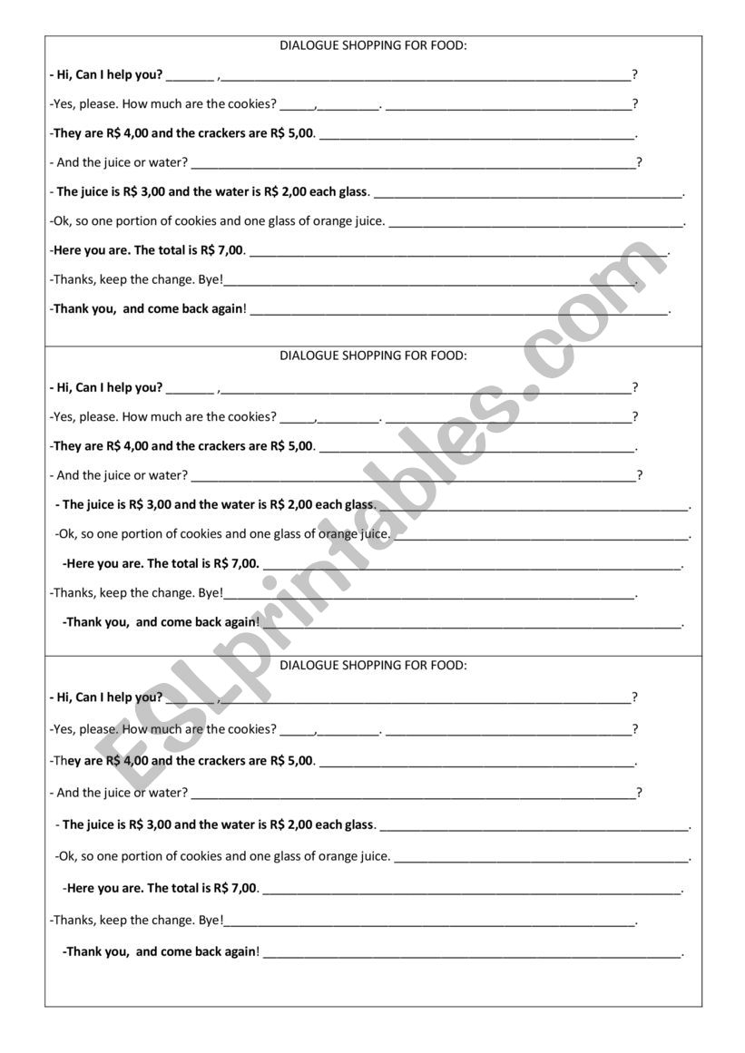 Shopping for food worksheet