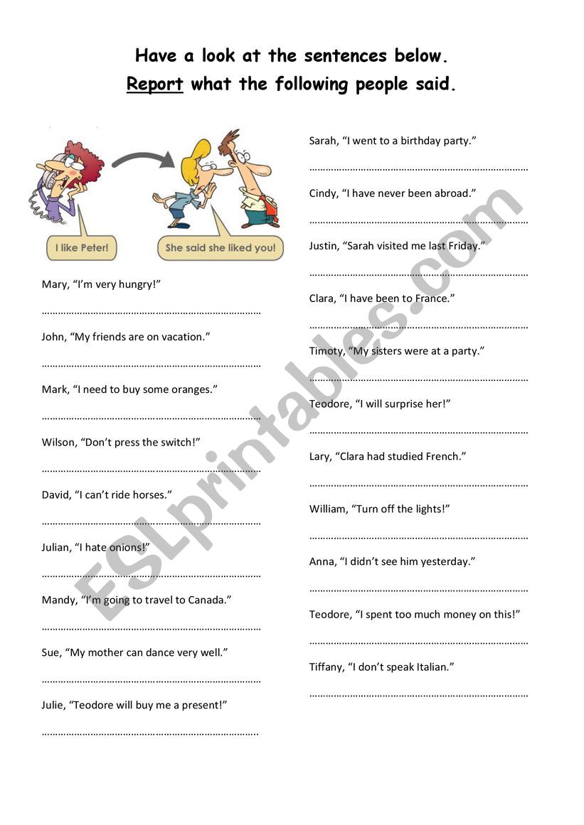 Reported Speech exercise worksheet