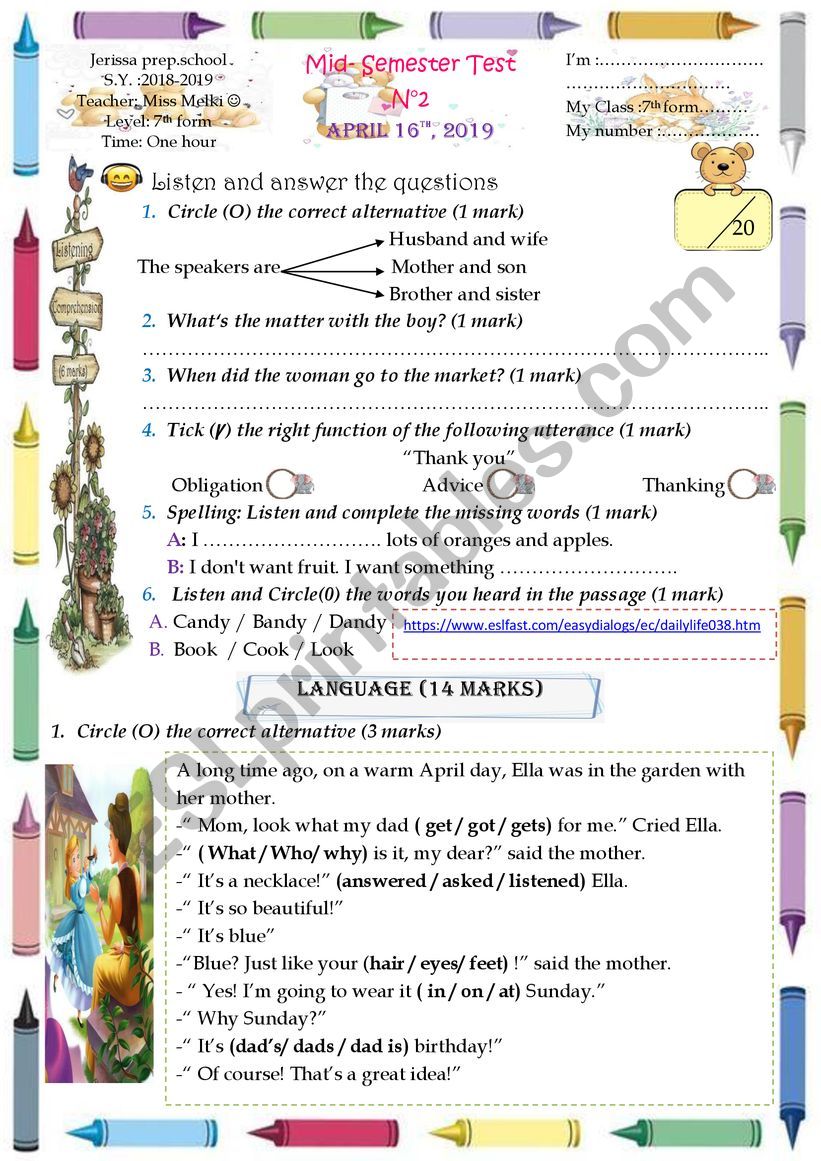 Mid -SEMESTER  test 7th form worksheet