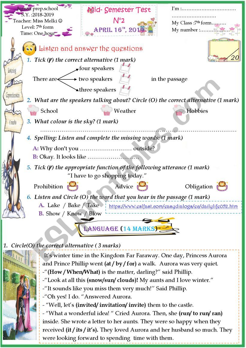 Mid -SEMESTER  test 7th form worksheet