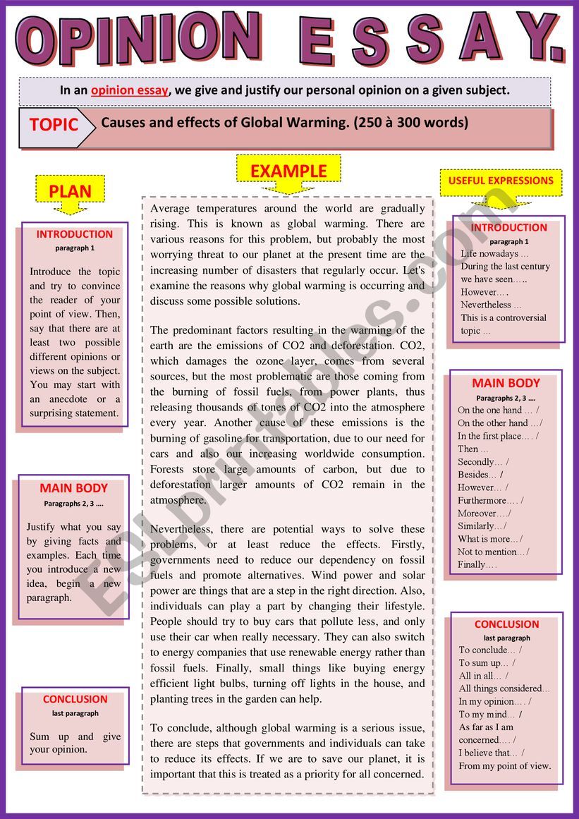 Opinion essay - Causes and Effects of Global Warming - Guided writing + Example.