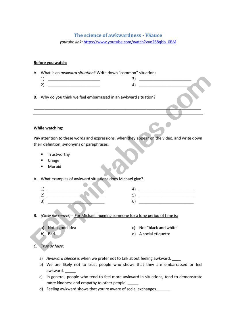 The Science of Awkwardness -  worksheet