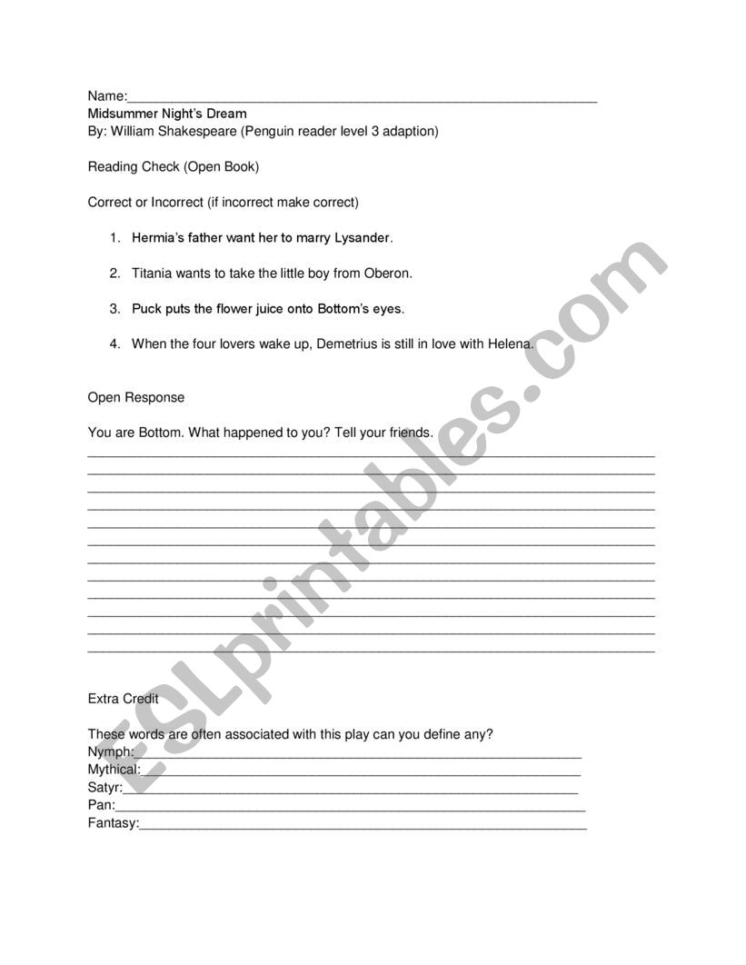 A Mid-Summer Nights Dream worksheet