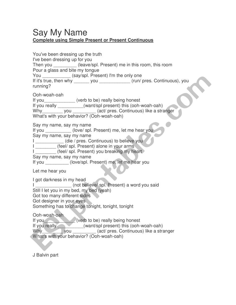 Say my name worksheet