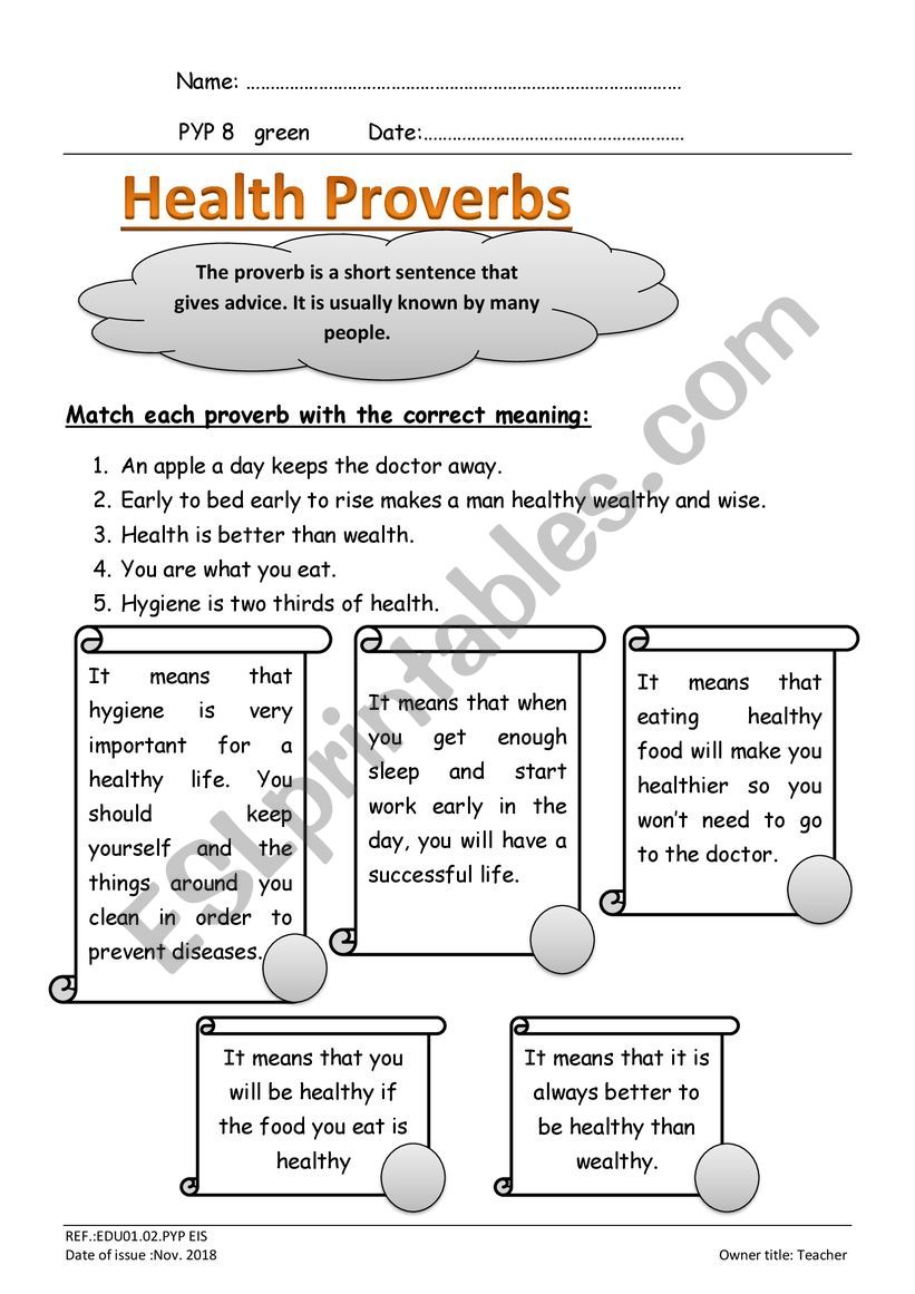 Health proverbs worksheet