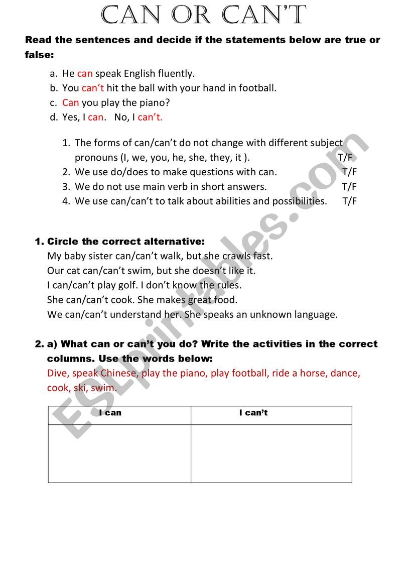 Modal verbs (can or cant) worksheet