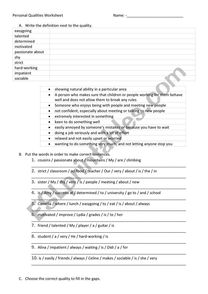 Personal Qualities  worksheet