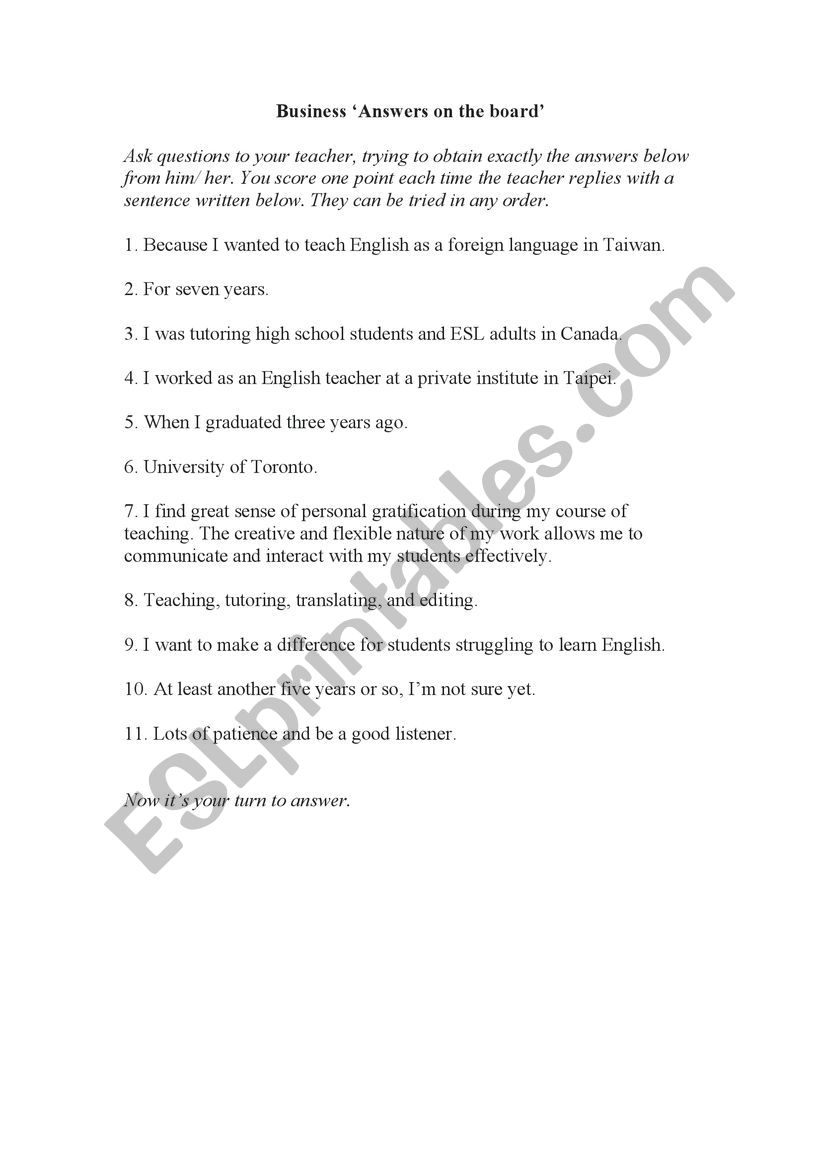 Answers on the Board worksheet
