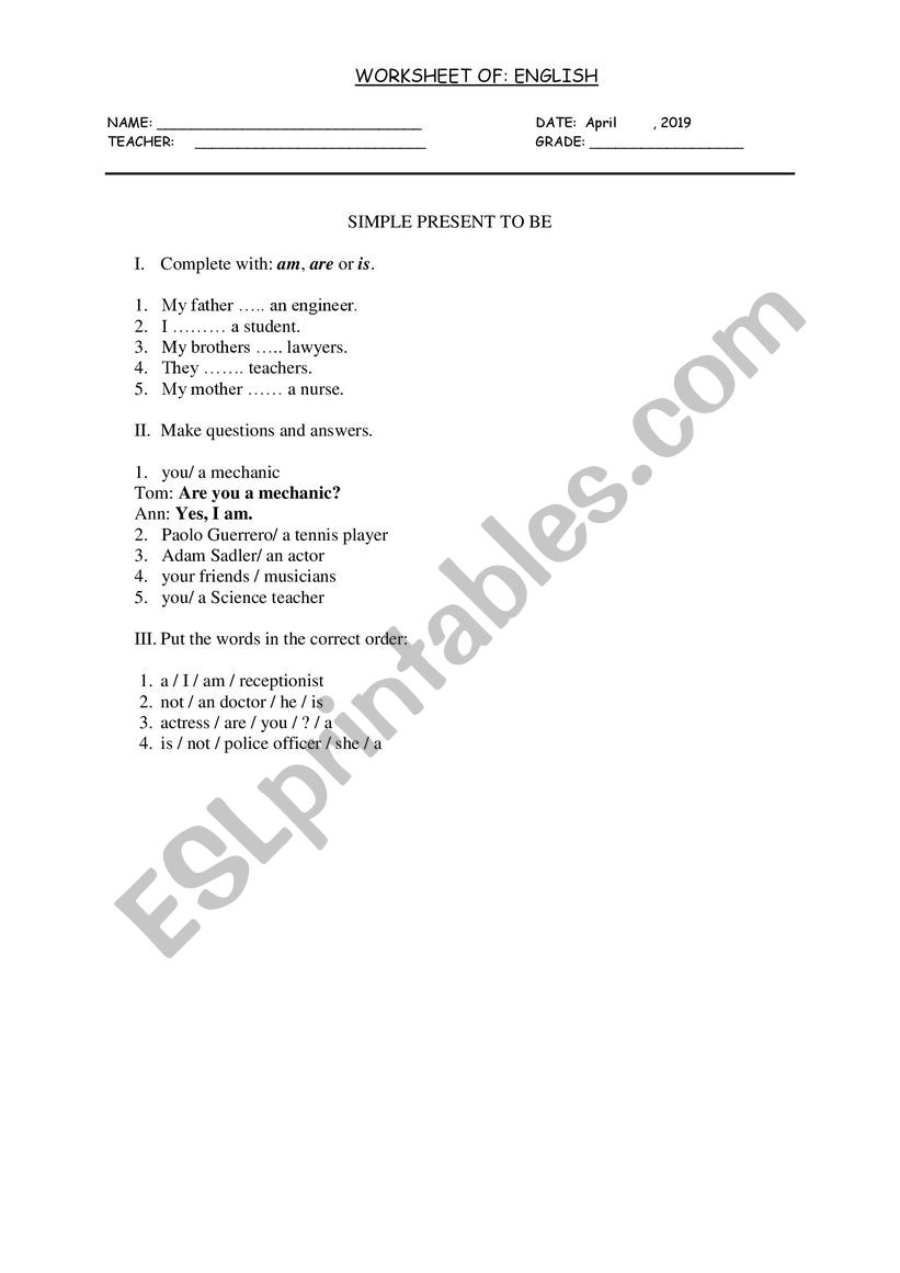 Verb Be worksheet