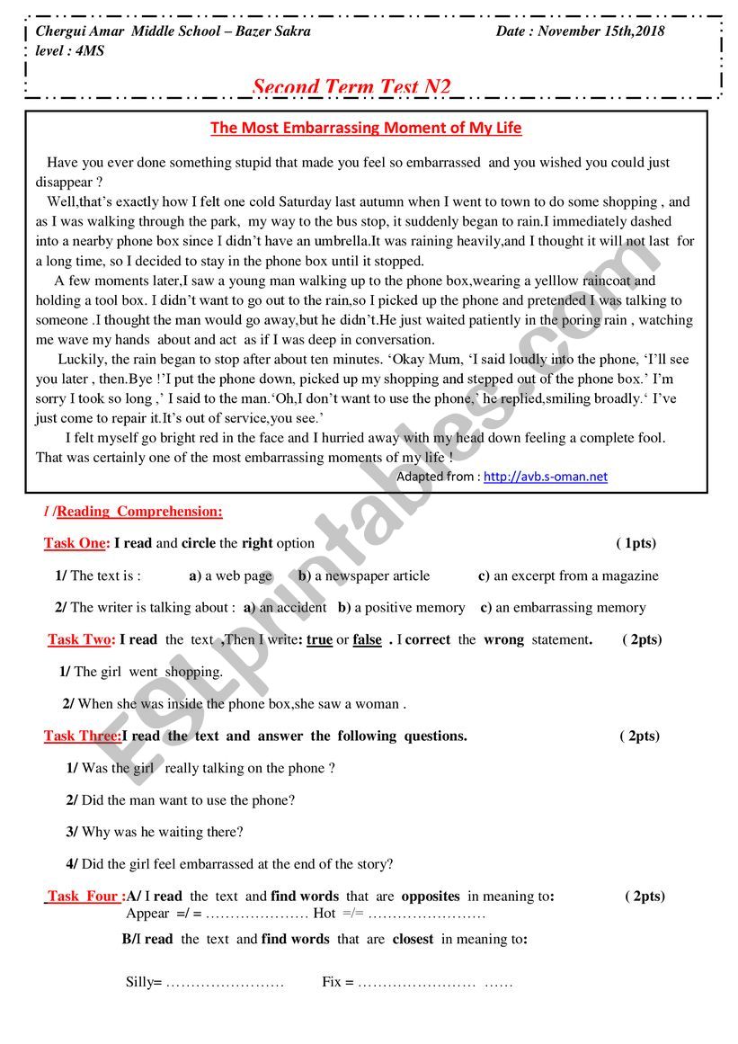 Embarrassing moment worksheet