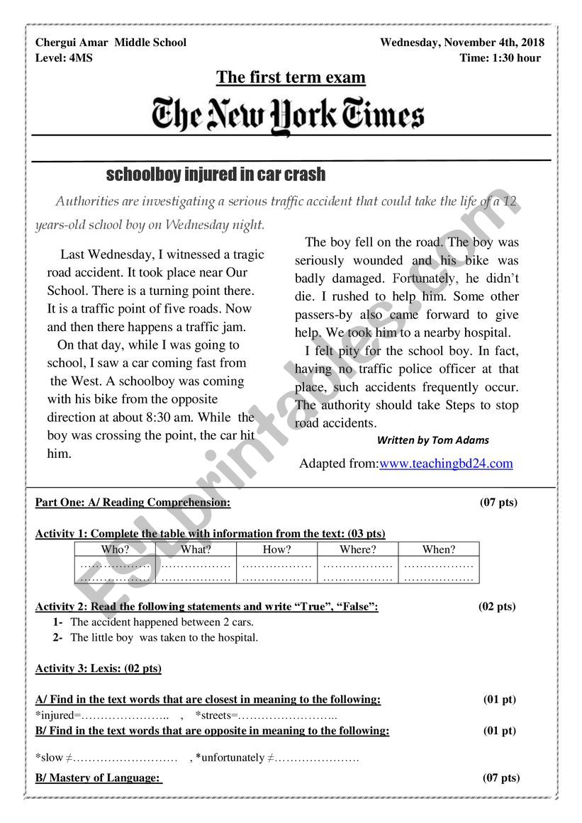 Accident worksheet