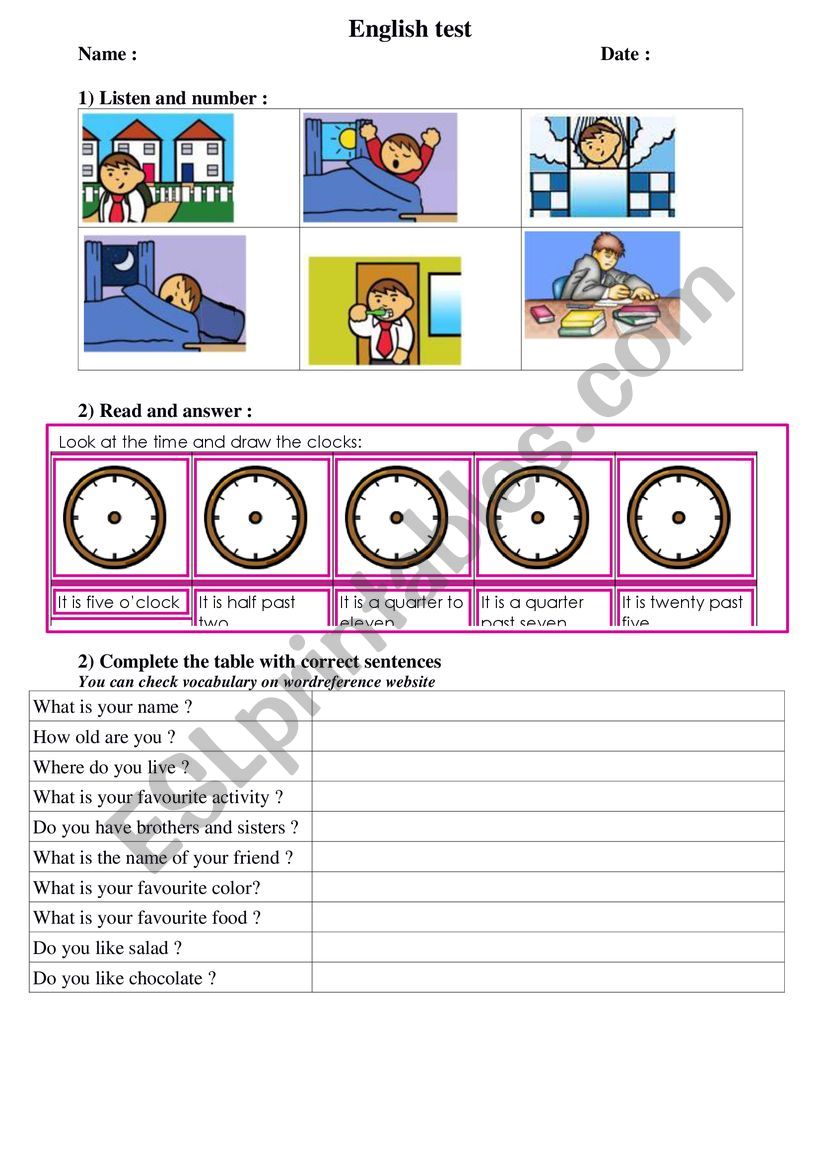 english test worksheet