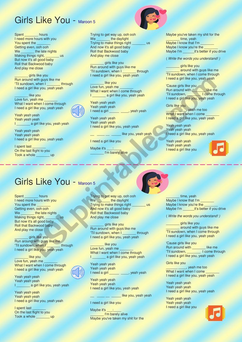 Maroon 5 - Girls like you song and n…: English ESL worksheets pdf & doc