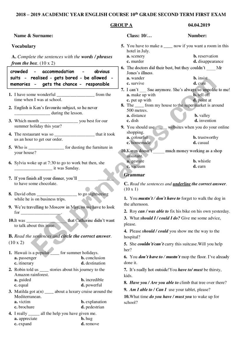 worksheet on vocabulary, perfect vs past & modals