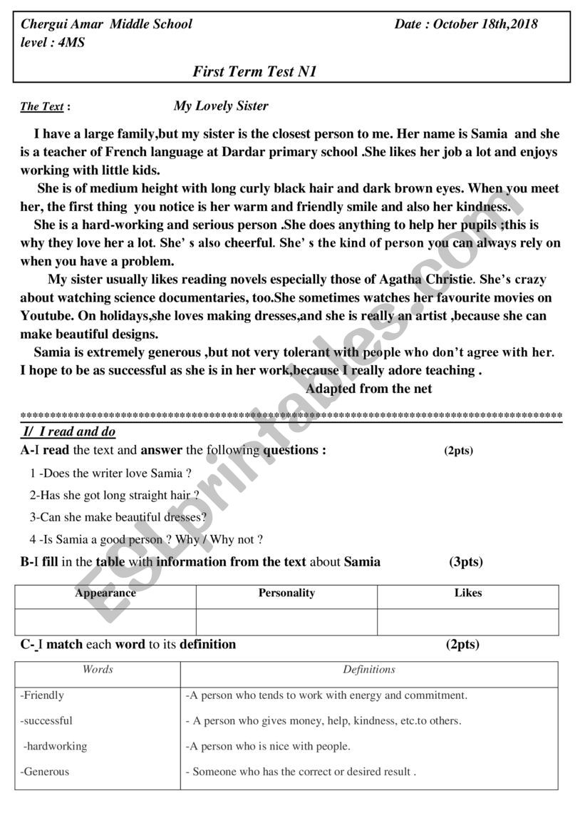 Describing people test worksheet